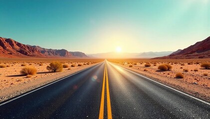 Sun-baked Desert Highway Endless Asphalt Ribbon Through Arid Landscape Under Vast Cloudless Sky