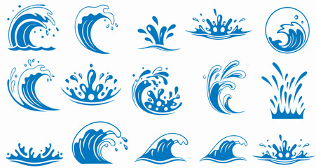 Fototapeta premium Blue Ocean Wave Icons: Set of Water Splash and Curve Illustrations