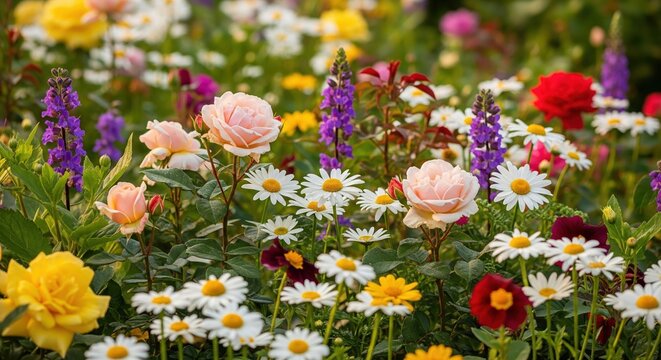 Diverse Garden Bloom: Roses, Daisies, and Lavender in Full Sunlight