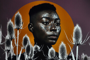 Dark-Skinned Woman with Floral Background