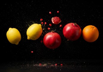 Vibrant Citrus & Pomegranate Burst: Levitation Photography