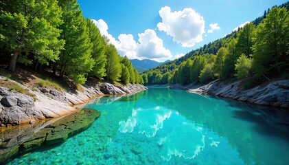 Tranquil Natural Pool Crystal Clear Water Reflects Vibrant Blue Sky and Lush Greenery, Evoking Serenity and Untouched Beauty in Peaceful Wilderness