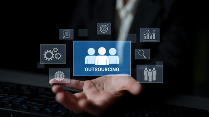 Outsourcing concept showing collaboration, delegation, global workforce, productivity, and task...