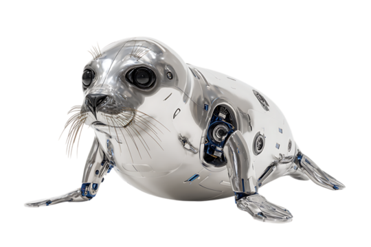 Close up of a robotic seal pup, showcasing intricate metallic details.