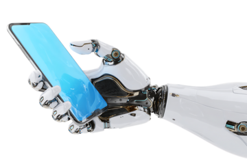 A robotic hand uses a smartphone. AI, technology, future concept.