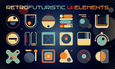 Retro futuristic cosmic illustration set. Game Interfase elements for HUD in retrofuturism style. Good for retro posters, flyers, interfaces. Vector Illustration. EPS10