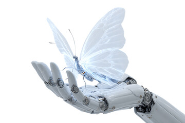 Robotic hand gently holding a luminous butterfly.