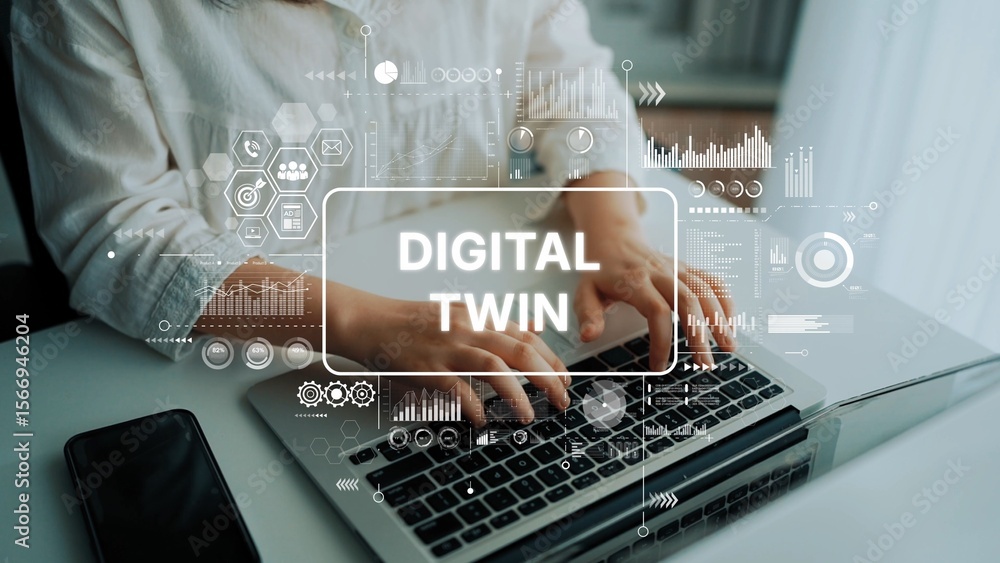 Poster hands typing on laptop with overlay graphics representing digital twin concept and data visualizatio