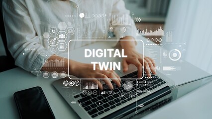 Hands Typing on Laptop with Overlay Graphics Representing Digital Twin Concept and Data Visualization Elements. Asymptotic smart data analytic.