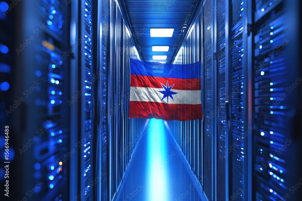 Aufkleber samoa flag displayed prominently in a high-tech server room filled with servers, flag of samoa over 