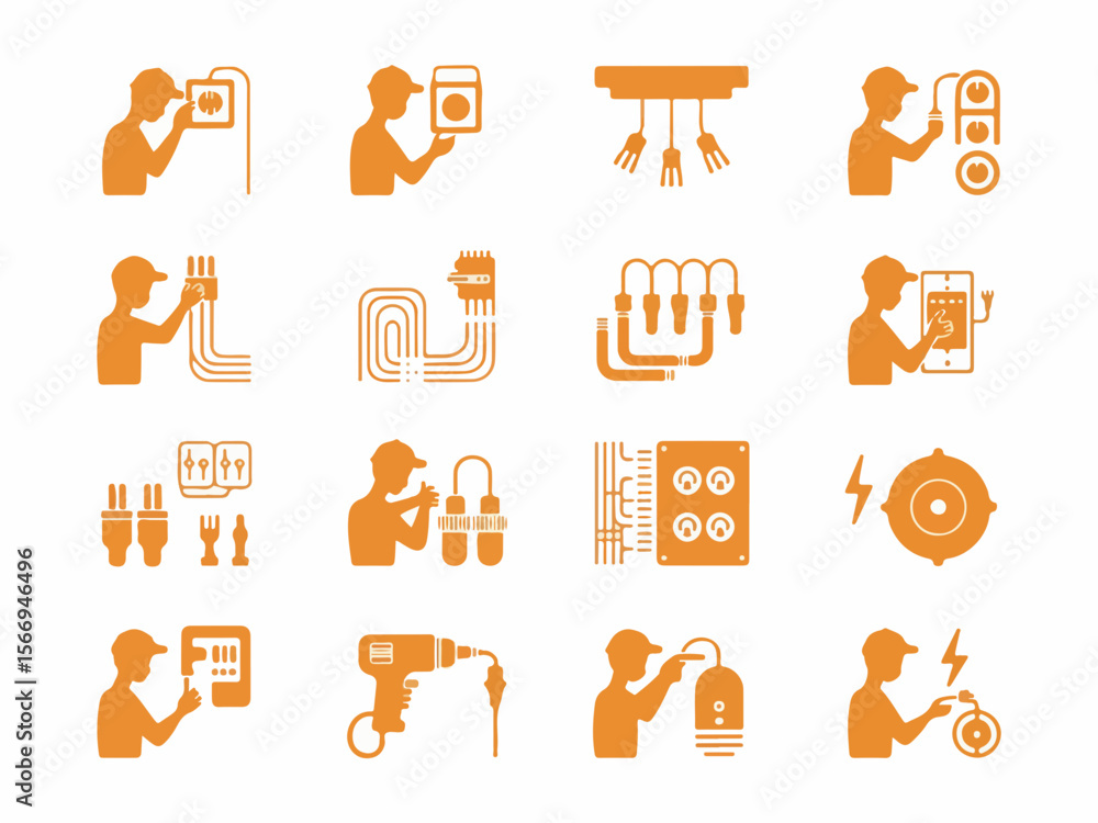 Poster collection of electrical work icons showing electricians performing various tasks like wiring instal