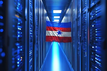 Samoa flag displayed prominently in a high-tech server room filled with servers, flag of samoa over server room