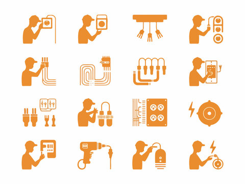 Collection of electrical work icons showing electricians performing various tasks like wiring installation connecting cables using tools and working with electrical panels and devices silhouette