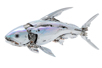 Futuristic metallic fish, robotic design, biomechanical