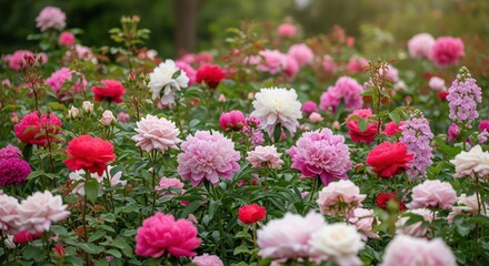 Fototapeta premium Vibrant flowerbed with pink peonies, red roses, and white blooms in a lush garden setting