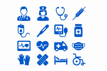 A comprehensive medical icon set features vector illustrations of health, hospital, and doctor symbols for web and business design