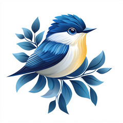 Logo brand of stylized blue bird perched on a branch with blue leaves. The bird has a white breast and a yellow belly against white background.