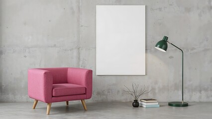 Modern Interior Scene with Pink Armchair, Blank Canvas, and Floor Lamp &ndash; Artistic Living Corner