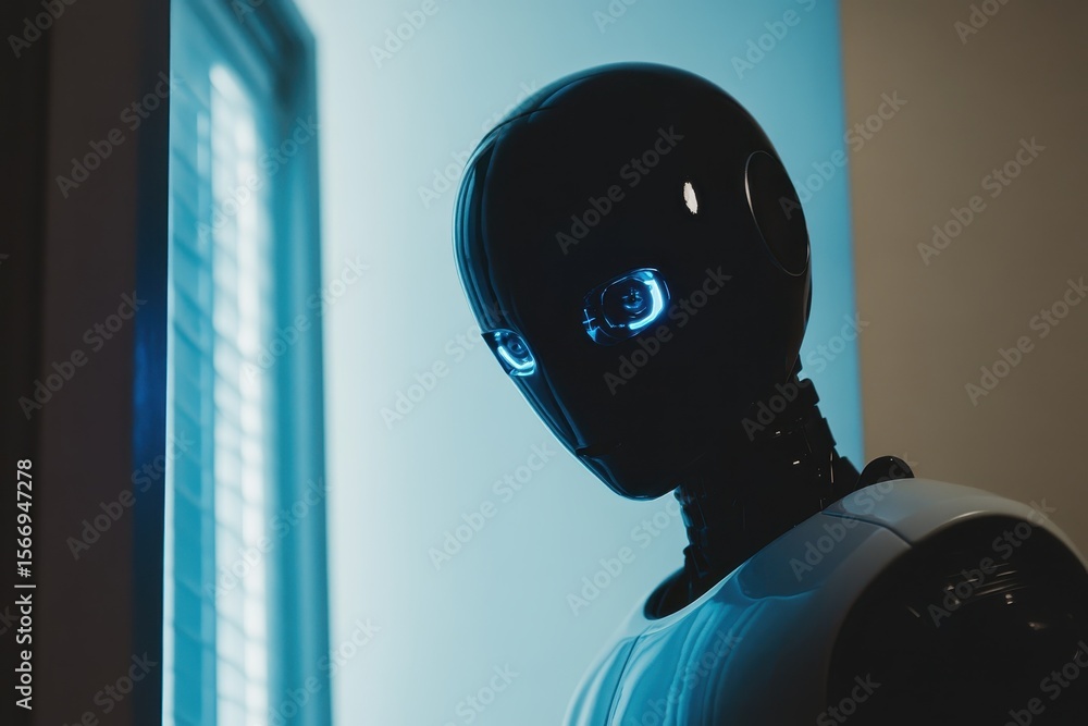 Poster robot observing from the shadows with glowing eyes in a dim room, the robot appears in close-up from
