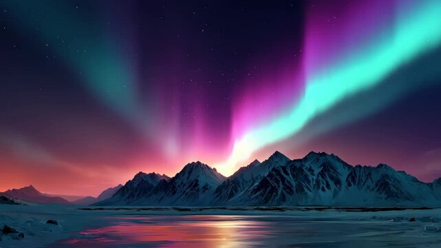 Colorful aurora borealis glows above snowy mountain range and frozen lake starry night sky, creating magical and tranquil winter landscape with northern lights, snow, mountain, winter, star, sky
