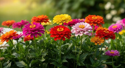 Vibrant Zinnia Garden: A Colorful Display of Summer Blooms in Full Sunlight