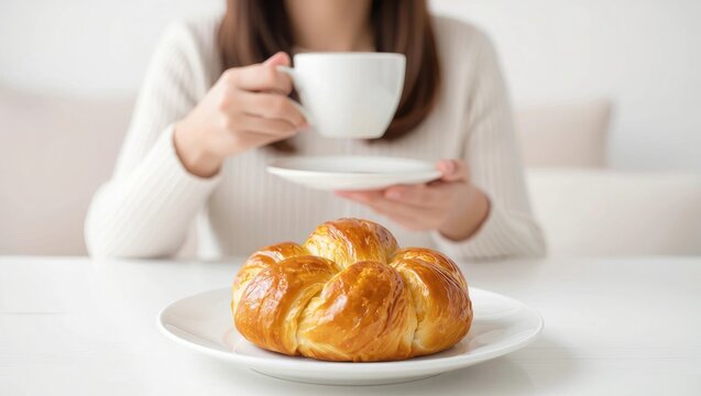 A woman enjoys coffee with a sweet pastry