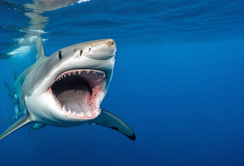 Obraz premium Great white shark in deep blue water.