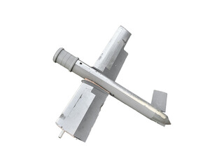 Damaged Russian military drone with cylindrical warhead is isolated. The UAV was used during combat operations and later shot down.