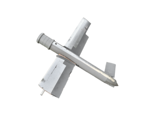 Damaged Russian military drone with cylindrical warhead is isolated. The UAV was used during combat operations and later shot down.