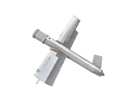 Damaged Russian military drone with cylindrical warhead is isolated. The UAV was used during combat operations and later shot down.