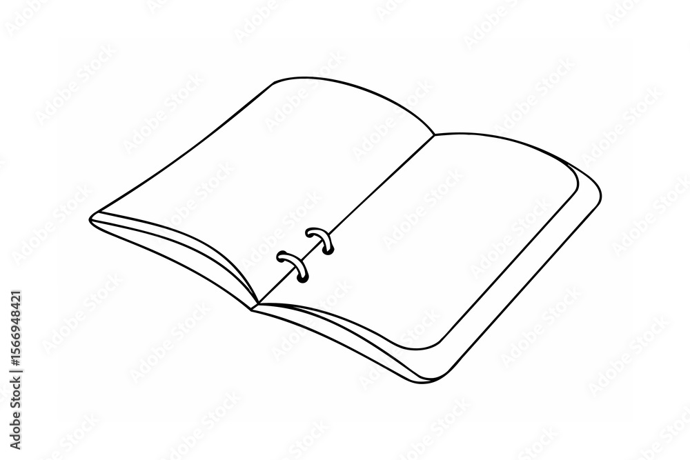 Poster open notebook line drawing with spiral binding on white background