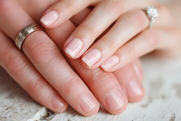 Hands of the groom and the bride. Elegant wedding rings symbolizing love, unity, and marriage, perfect for wedding invitations, romantic themes. Engagement golden rings. Wedding anniversary.