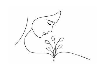 Black one line drawing of woman's face and plant on white background