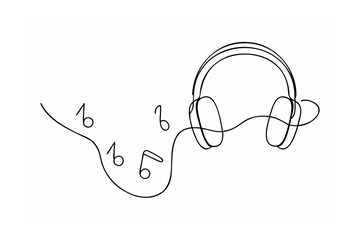Black Line Drawing of Headphones and Musical Notes on White Background 1