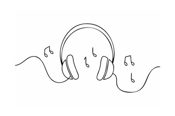 Black line drawing of headphones and musical notes on white background