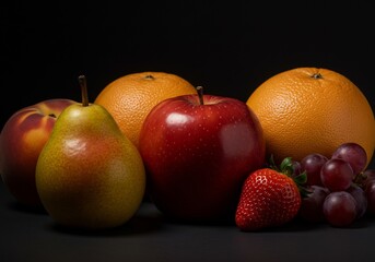 Vibrant Fruit Still Life: Red Apple, Pear, Oranges, and Grapes on Black