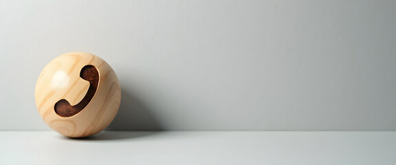 A wooden ball features a carved phone receiver on a grey backdrop.