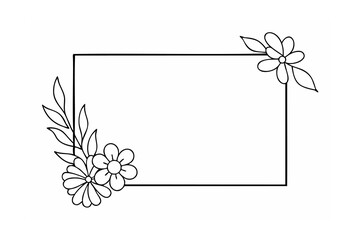 Black and white floral frame with flowers and leaves on white background