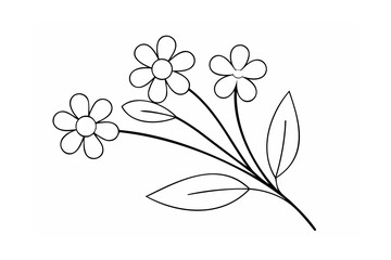 Black line drawing of three flowers and leaves on white background