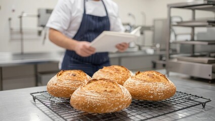 Chef is reading a recipe near freshly baked bread