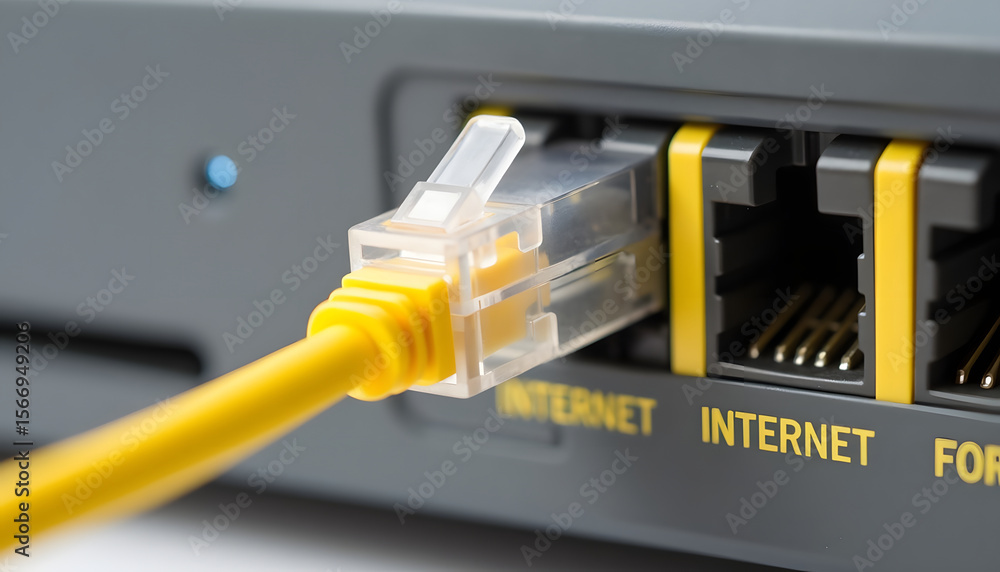 Poster a close-up shot showcases an ethernet cable connected to an internet router, ready for data transfer
