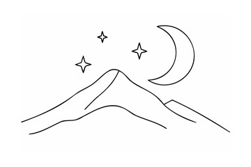 Black line drawing of mountains moon and stars on white background