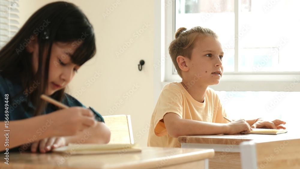 Poster smart student answer teacher's question while sitting at classroom. diverse children learning and st