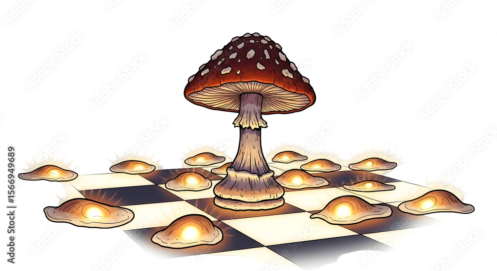 Poster detailed illustration of a large mushroom on checkered surface with glowing elements in transparent 