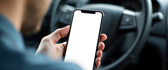 A person using their smartphone inside a vehicle with a blank screen ready for your content.