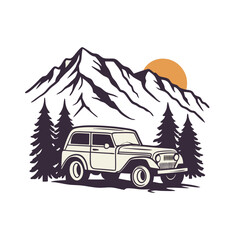 Off road vehicle with mountains and trees with a sun in the background