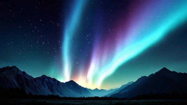 Colorful aurora borealis and vibrant northern lights illuminate night sky above mountain silhouette, starry sky, tranquil wilderness landscape, peaceful and awe inspiring natural phenomenon