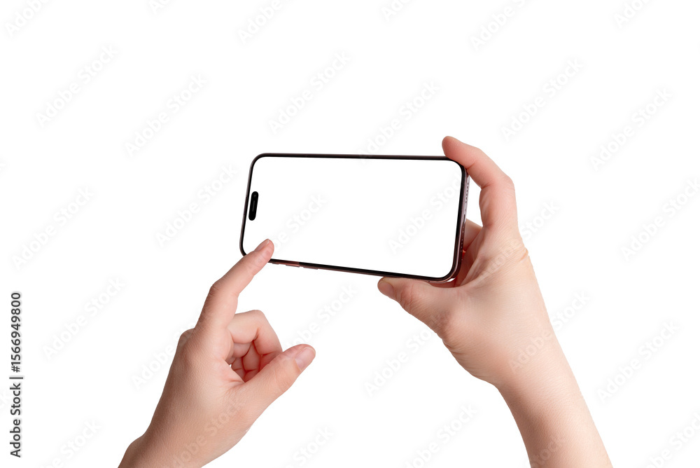 Poster smartphone in a horizontal position with a hand touching the screen. ideal for camera or gaming prom