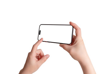 Smartphone in a horizontal position with a hand touching the screen. Ideal for camera or gaming...