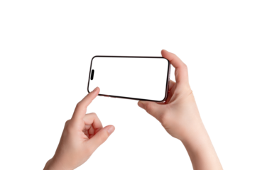 Smartphone in a horizontal position with a hand touching the screen. Ideal for camera or gaming promotion, isolated display and transparent background